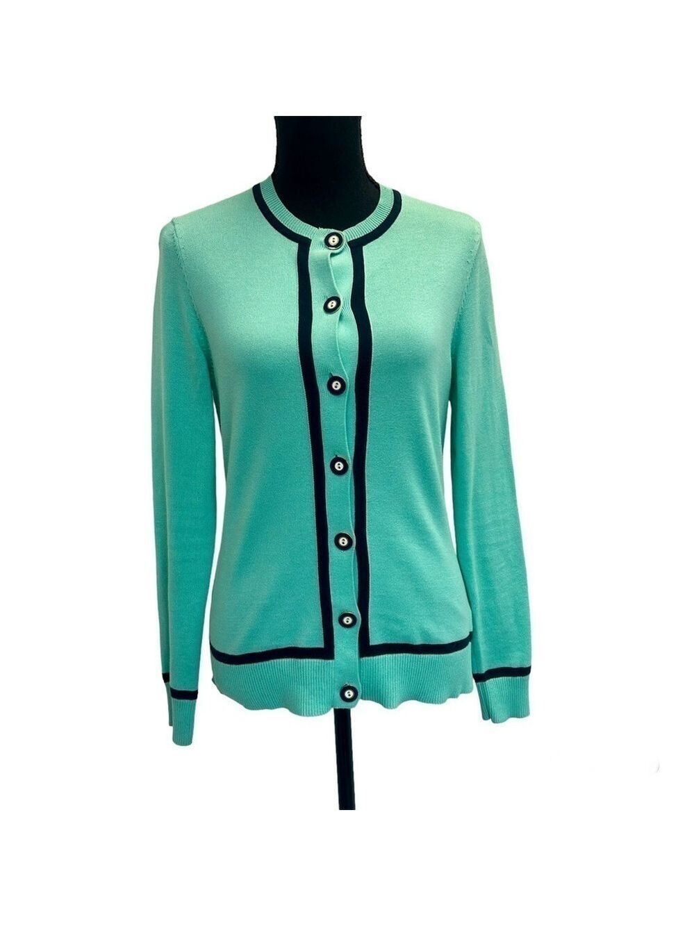 Brooks Brothers “346” 100 % Supima cotton teal blue black trim cardigan sweater